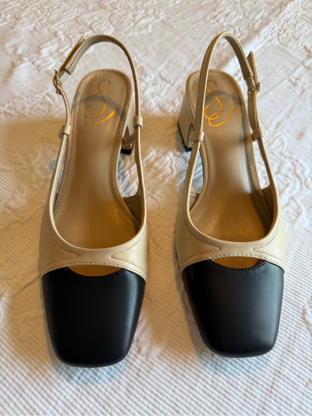 Sam Edelman Two-Tone Slingback Block Heel Pumps in Cream and Black